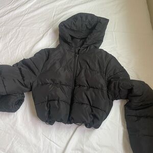 Black Puffer Hooded Cropped Jacket